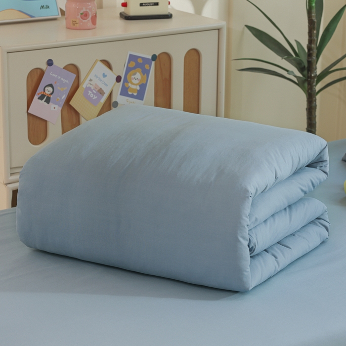 91家纺网 家纺一手货源 找家纺 柠萌家居 2025新款无印良品风色织水洗棉A类学生宿舍三件套 浅蓝