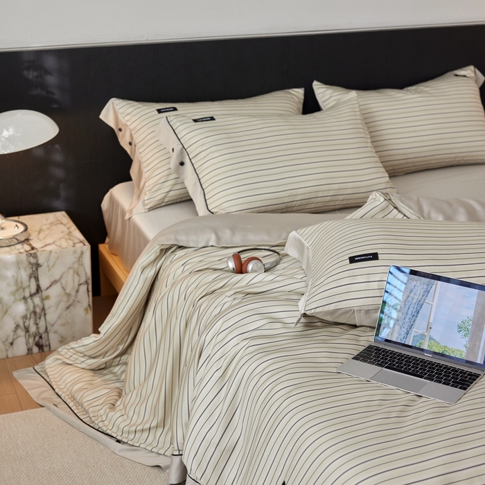 91家纺网 家纺一手货源 找家纺 安莱生活 2025年新款60支兰精天丝数码印花条纹时尚款四件套 织锦-黄