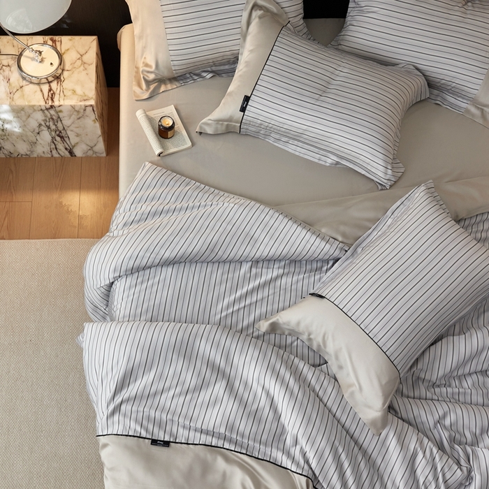 91家纺网 家纺一手货源 找家纺 安莱生活 2025年新款60支兰精天丝数码印花条纹时尚款四件套 黛夏-灰