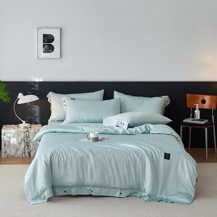 91家纺网 家纺一手货源 找家纺 安莱生活 2025年新款60支兰精天丝数码印花条纹时尚款四件套 多琳-绿