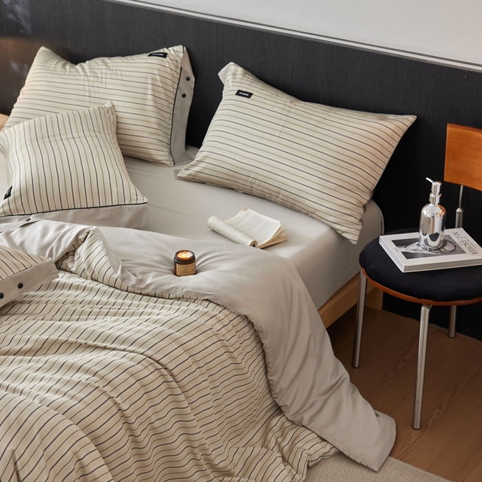 91家纺网 家纺一手货源 找家纺 安莱生活 2025年新款60支兰精天丝数码印花条纹时尚款四件套 织锦-黄