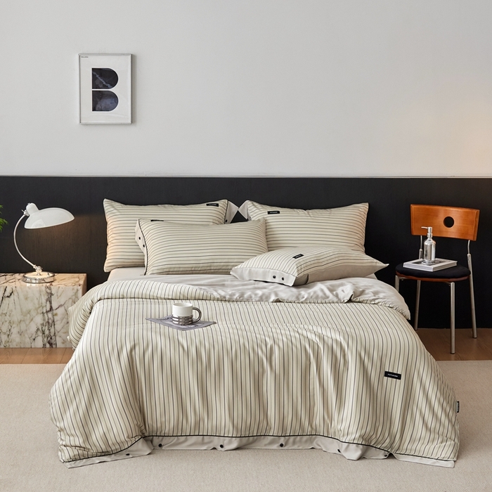 91家纺网 家纺一手货源 找家纺 安莱生活 2025年新款60支兰精天丝数码印花条纹时尚款四件套 织锦-黄