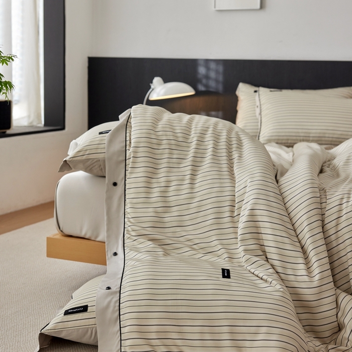 91家纺网 家纺一手货源 找家纺 安莱生活 2025年新款60支兰精天丝数码印花条纹时尚款四件套 织锦-黄