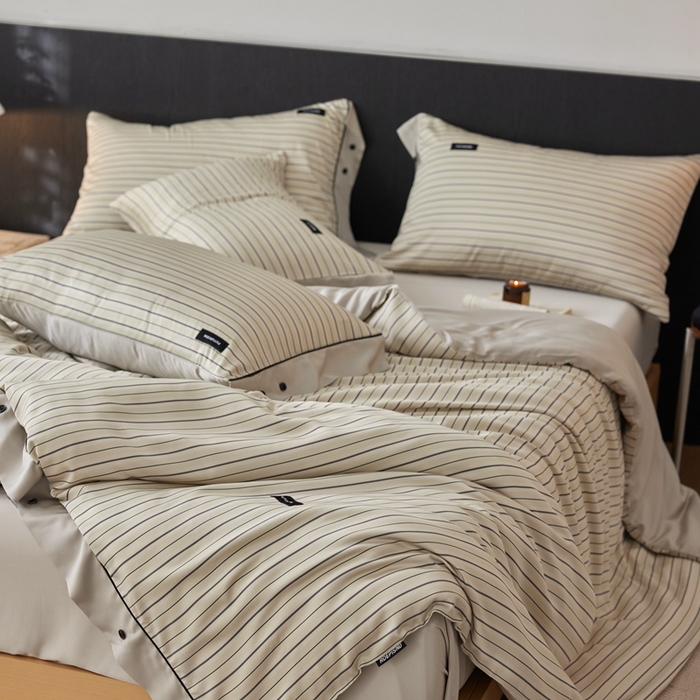 91家纺网 家纺一手货源 找家纺 安莱生活 2025年新款60支兰精天丝数码印花条纹时尚款四件套 织锦-黄