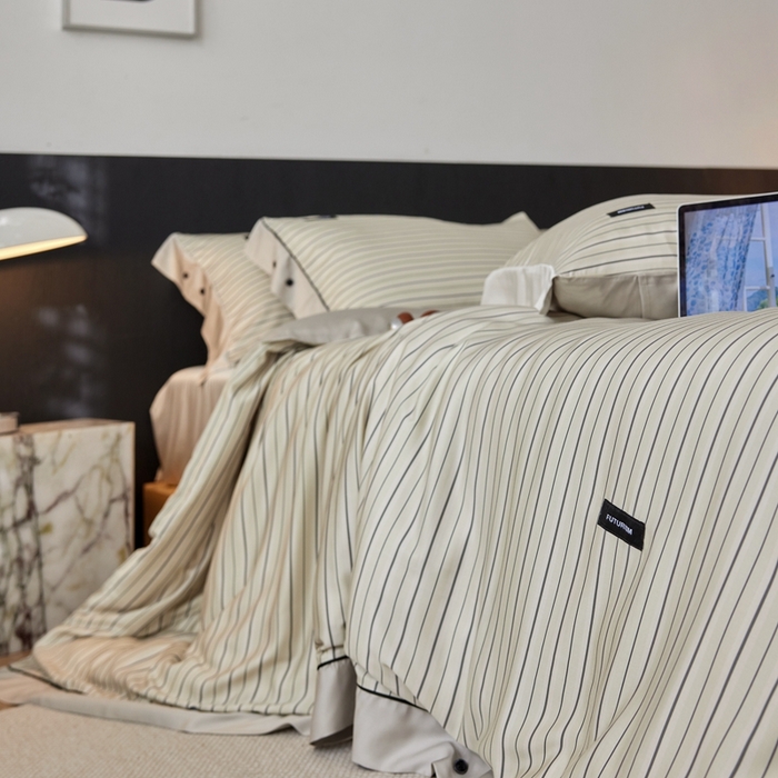 91家纺网 家纺一手货源 找家纺 安莱生活 2025年新款60支兰精天丝数码印花条纹时尚款四件套 织锦-黄