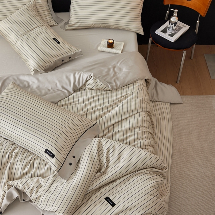 91家纺网 家纺一手货源 找家纺 安莱生活 2025年新款60支兰精天丝数码印花条纹时尚款四件套 织锦-黄