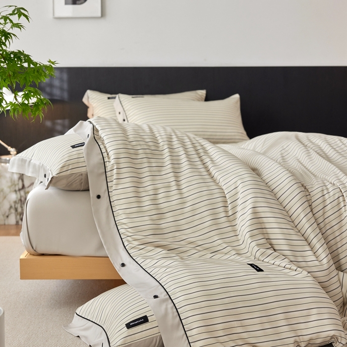 91家纺网 家纺一手货源 找家纺 安莱生活 2025年新款60支兰精天丝数码印花条纹时尚款四件套 织锦-黄