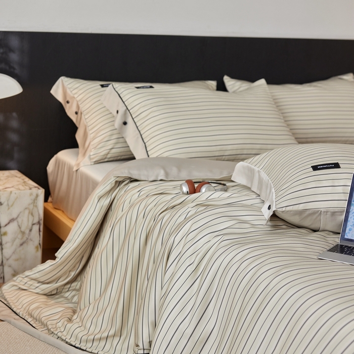 91家纺网 家纺一手货源 找家纺 安莱生活 2025年新款60支兰精天丝数码印花条纹时尚款四件套 织锦-黄