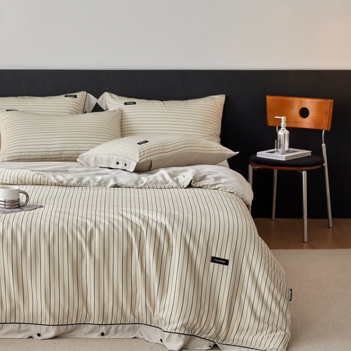 91家纺网 家纺一手货源 找家纺 安莱生活 2025年新款60支兰精天丝数码印花条纹时尚款四件套 织锦-黄