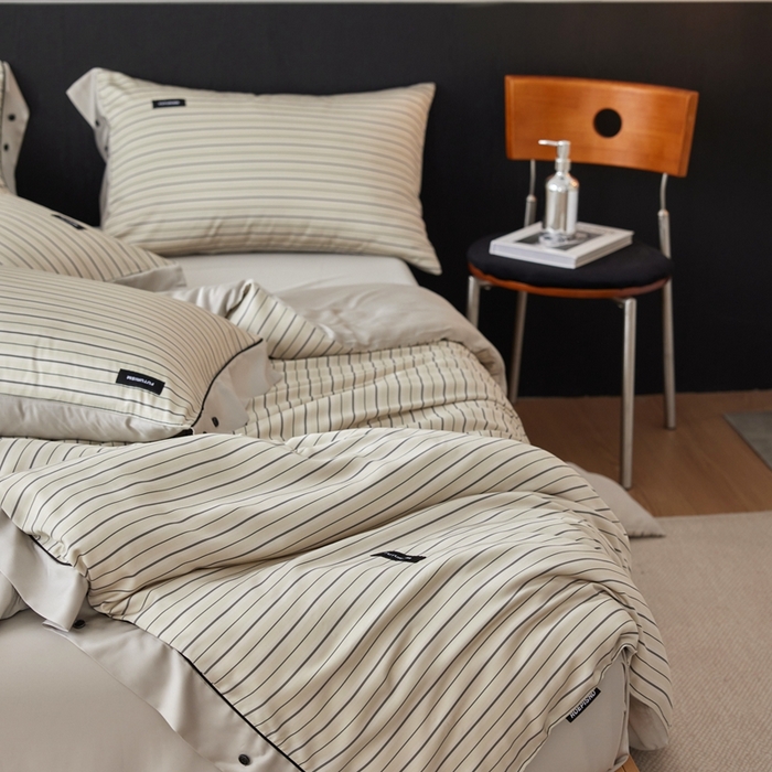 91家纺网 家纺一手货源 找家纺 安莱生活 2025年新款60支兰精天丝数码印花条纹时尚款四件套 织锦-黄