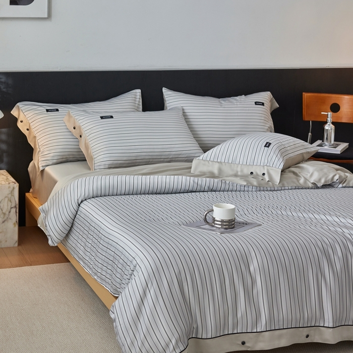 91家纺网 家纺一手货源 找家纺 安莱生活 2025年新款60支兰精天丝数码印花条纹时尚款四件套 织锦-灰