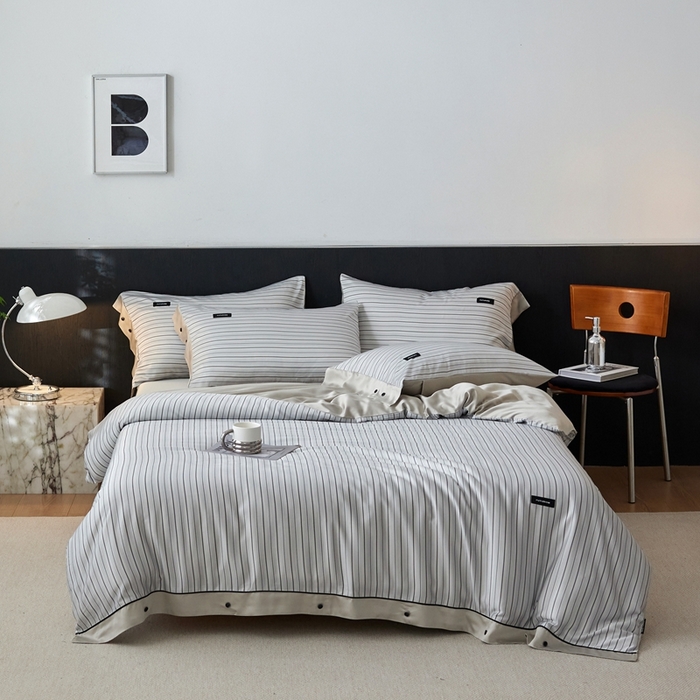 91家纺网 家纺一手货源 找家纺 安莱生活 2025年新款60支兰精天丝数码印花条纹时尚款四件套 织锦-灰