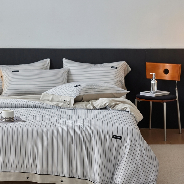 91家纺网 家纺一手货源 找家纺 安莱生活 2025年新款60支兰精天丝数码印花条纹时尚款四件套 织锦-灰