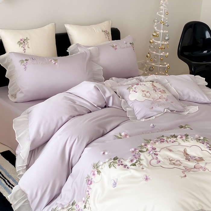 91家纺网 家纺一手货源 找家纺 （总）佳汐蓝家纺 2025春夏新品60s天丝刺绣四件套-兔子花园