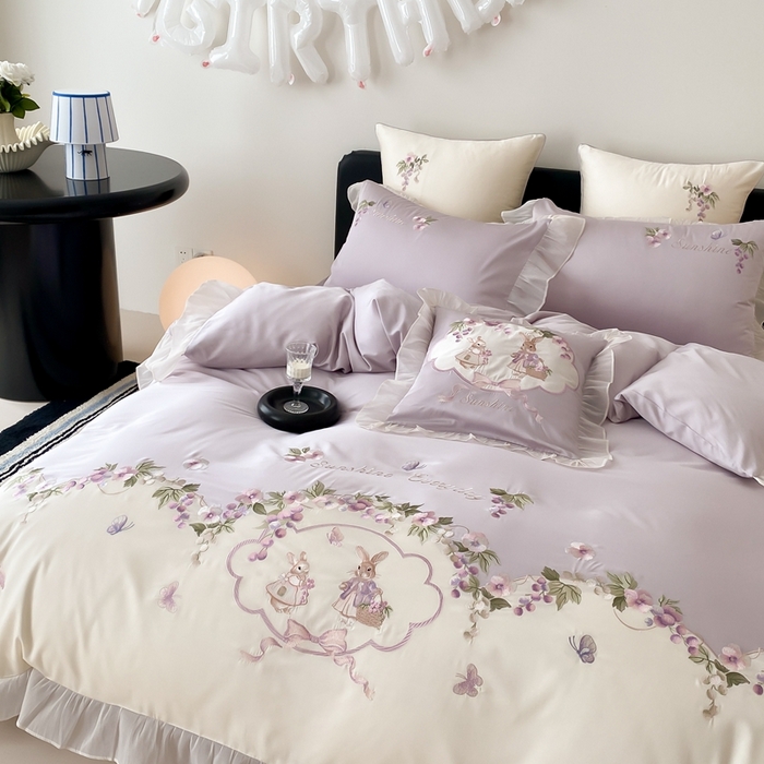 91家纺网 家纺一手货源 找家纺 （总）佳汐蓝家纺 2025春夏新品60s天丝刺绣四件套-兔子花园