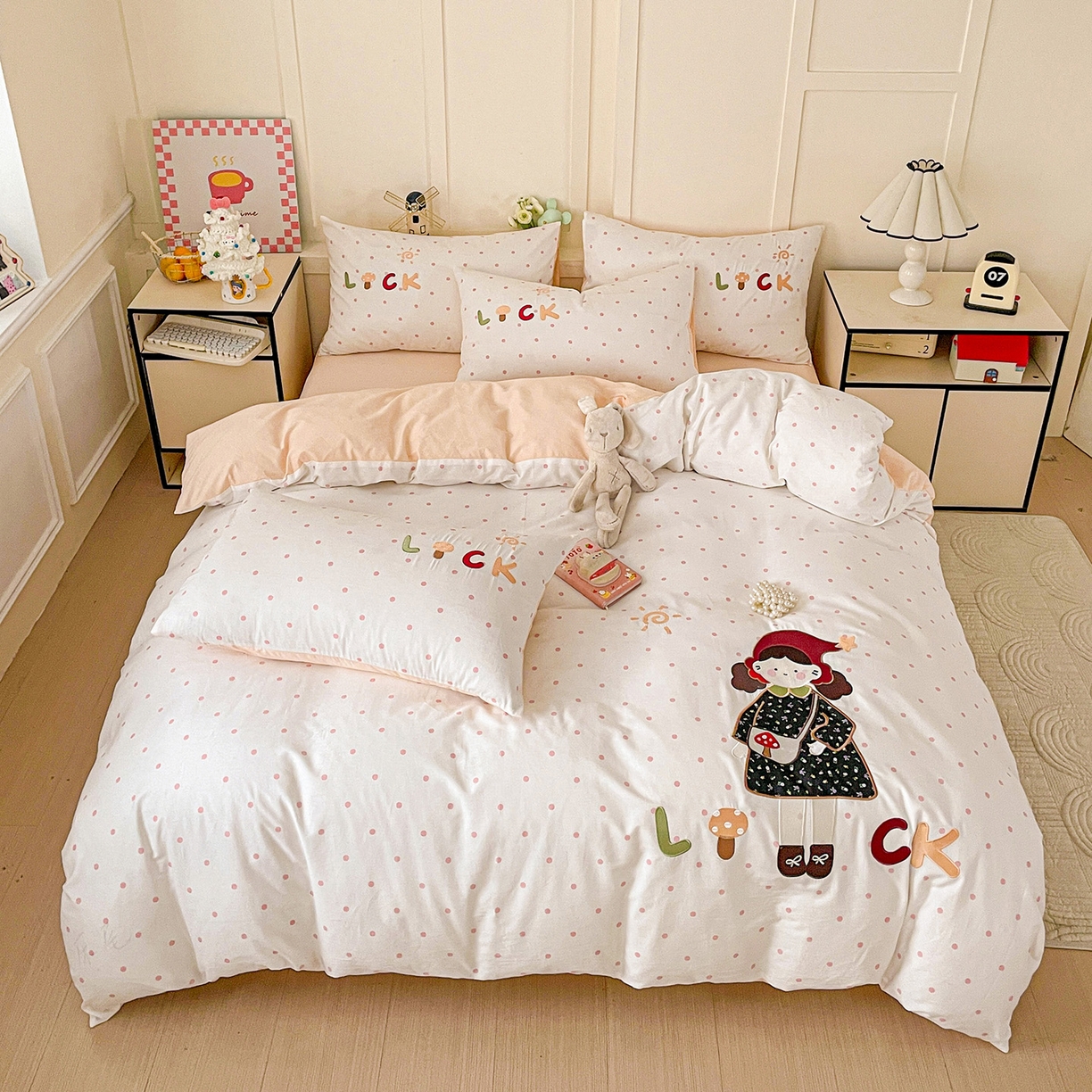 娜娜 2025新款13376全棉贴布绣四件套 帽子女孩-奶昔白