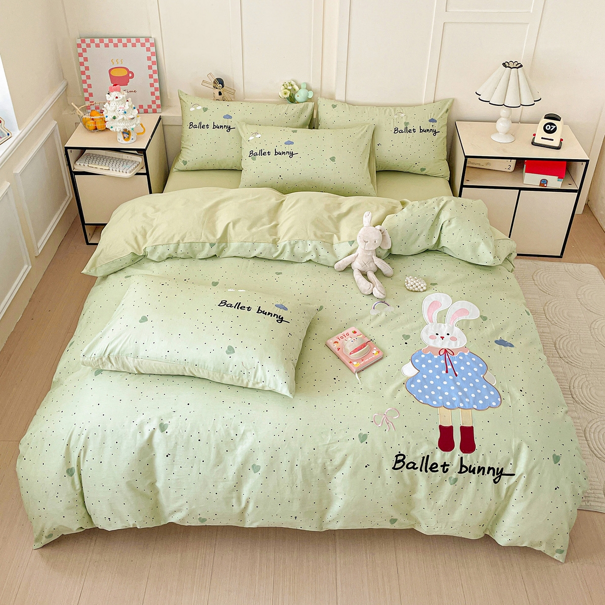 娜娜 2025新款13376全棉贴布绣四件套 萌萌兔-浅绿