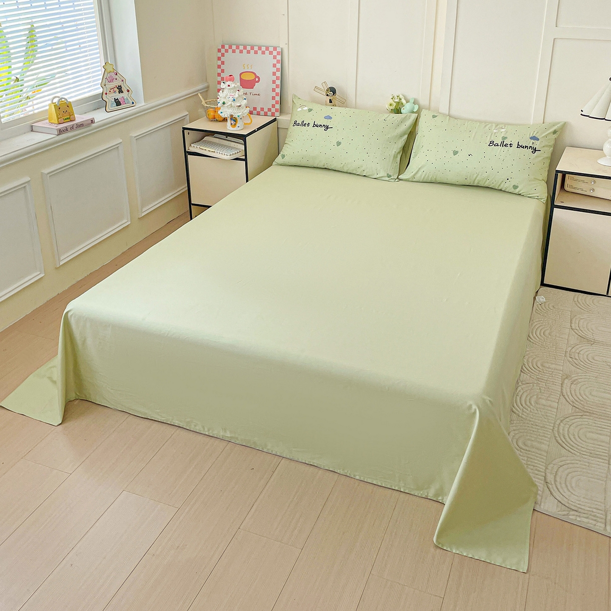 91家纺网 家纺一手货源 找家纺 娜娜 2025新款13376全棉贴布绣四件套 萌萌兔-浅绿