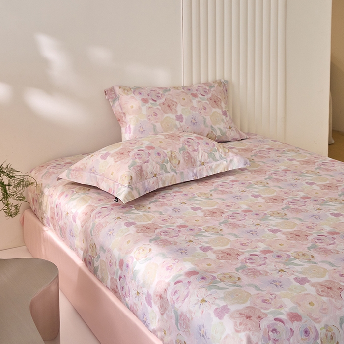 91家纺网 家纺一手货源 找家纺 禾时 2025新款A类100S长绒棉全棉数码印花床笠三件套床套床罩床垫保护罩 蔷薇私语