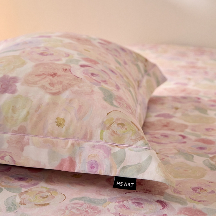 91家纺网 家纺一手货源 找家纺 禾时 2025新款A类100S长绒棉全棉数码印花床笠三件套床套床罩床垫保护罩 蔷薇私语