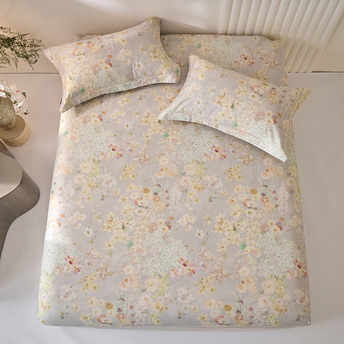 91家纺网 家纺一手货源 找家纺 禾时 2025新款A类100S长绒棉全棉数码印花床笠三件套床套床罩床垫保护罩 春日花田