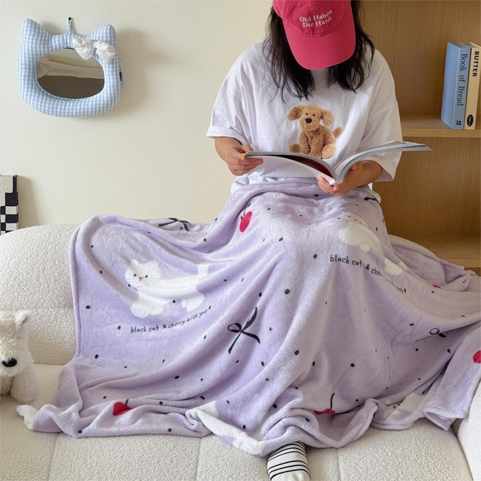 91家纺网 家纺一手货源 找家纺 顾里家纺 2025新款ins少女奶油系双面牛奶绒毯-第二组 小紫猫