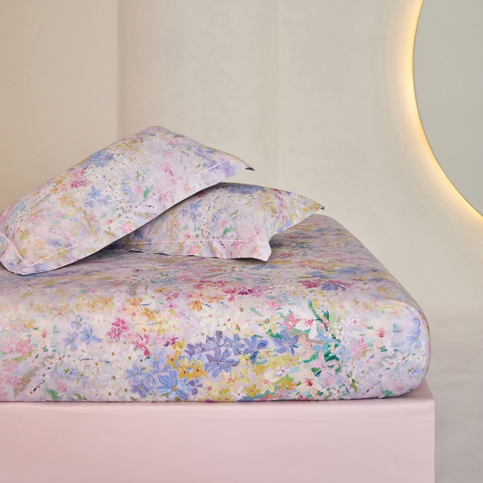 91家纺网 家纺一手货源 找家纺 禾时 2025新款A类100S长绒棉全棉数码印花床笠三件套床套床罩床垫保护罩 碧海银沙