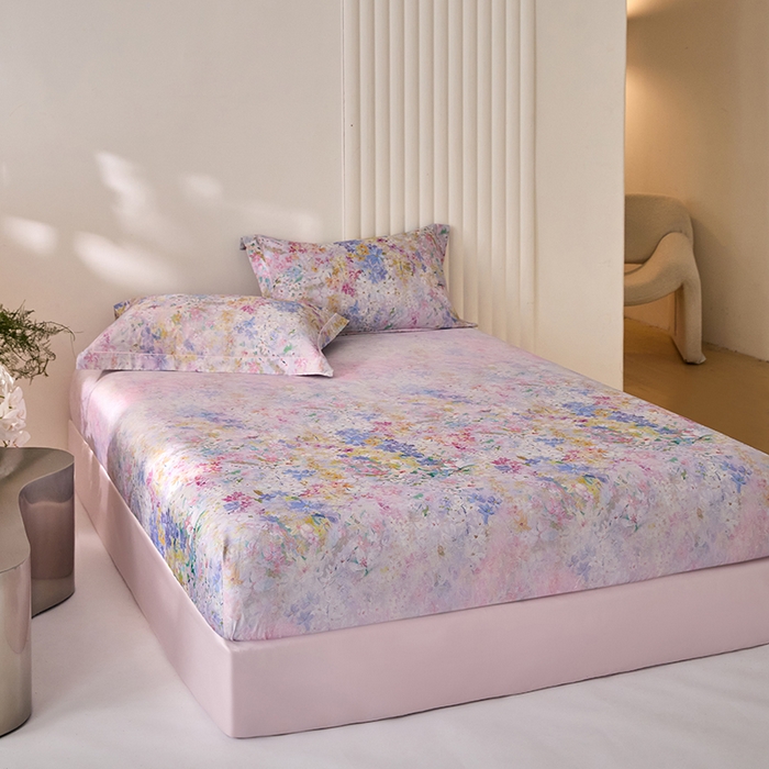 91家纺网 家纺一手货源 找家纺 禾时 2025新款A类100S长绒棉全棉数码印花床笠三件套床套床罩床垫保护罩 碧海银沙