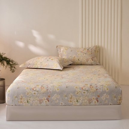 禾时 2025新款A类100S长绒棉全棉数码印花床笠三件套床套床罩床垫保护罩 春日花田