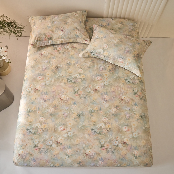 91家纺网 家纺一手货源 找家纺 禾时 2025新款A类100S长绒棉全棉数码印花床笠三件套床套床罩床垫保护罩 茉莉芬芳