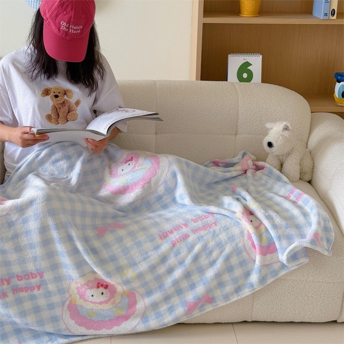 91家纺网 家纺一手货源 找家纺 顾里家纺 2025新款ins少女奶油系双面牛奶绒毯-第二组 蛋糕花猫