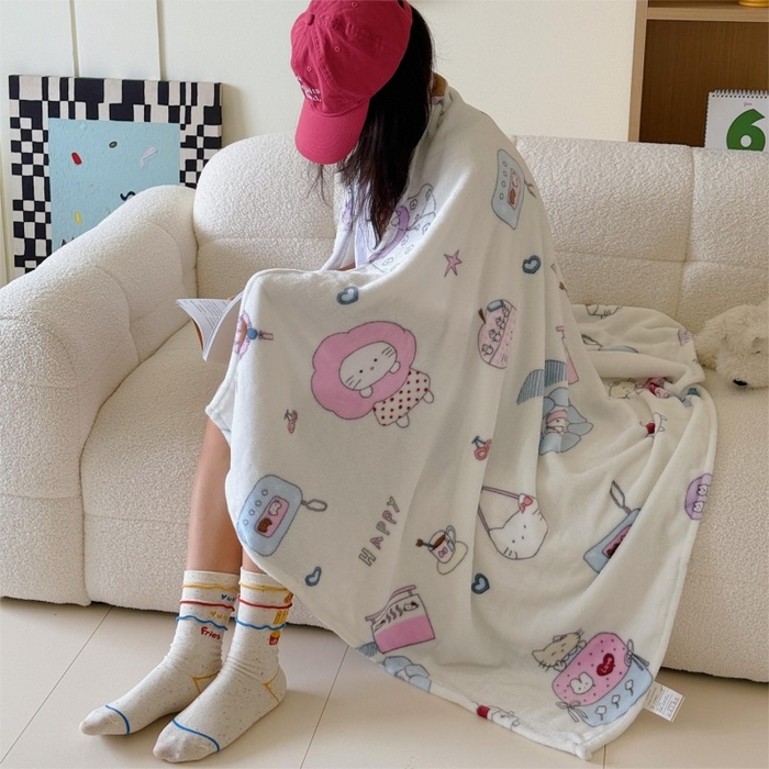 91家纺网 家纺一手货源 找家纺 顾里家纺 2025新款ins少女奶油系双面牛奶绒毯-第二组 花花喵喵