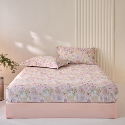 禾时 2025新款A类100S长绒棉全棉数码印花床笠三件套床套床罩床垫保护罩 蔷薇私语