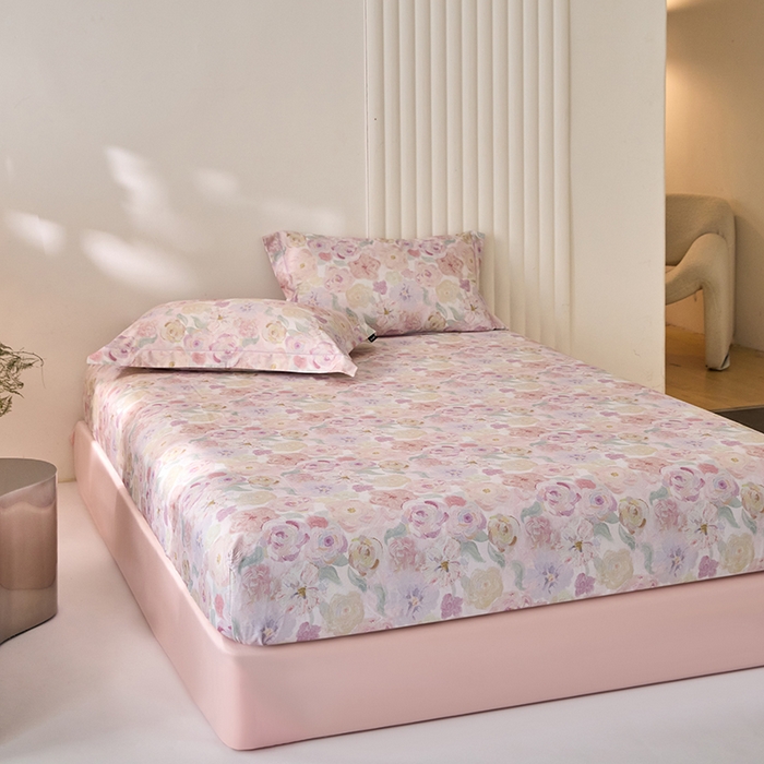 91家纺网 家纺一手货源 找家纺 禾时 2025新款A类100S长绒棉全棉数码印花床笠三件套床套床罩床垫保护罩 蔷薇私语