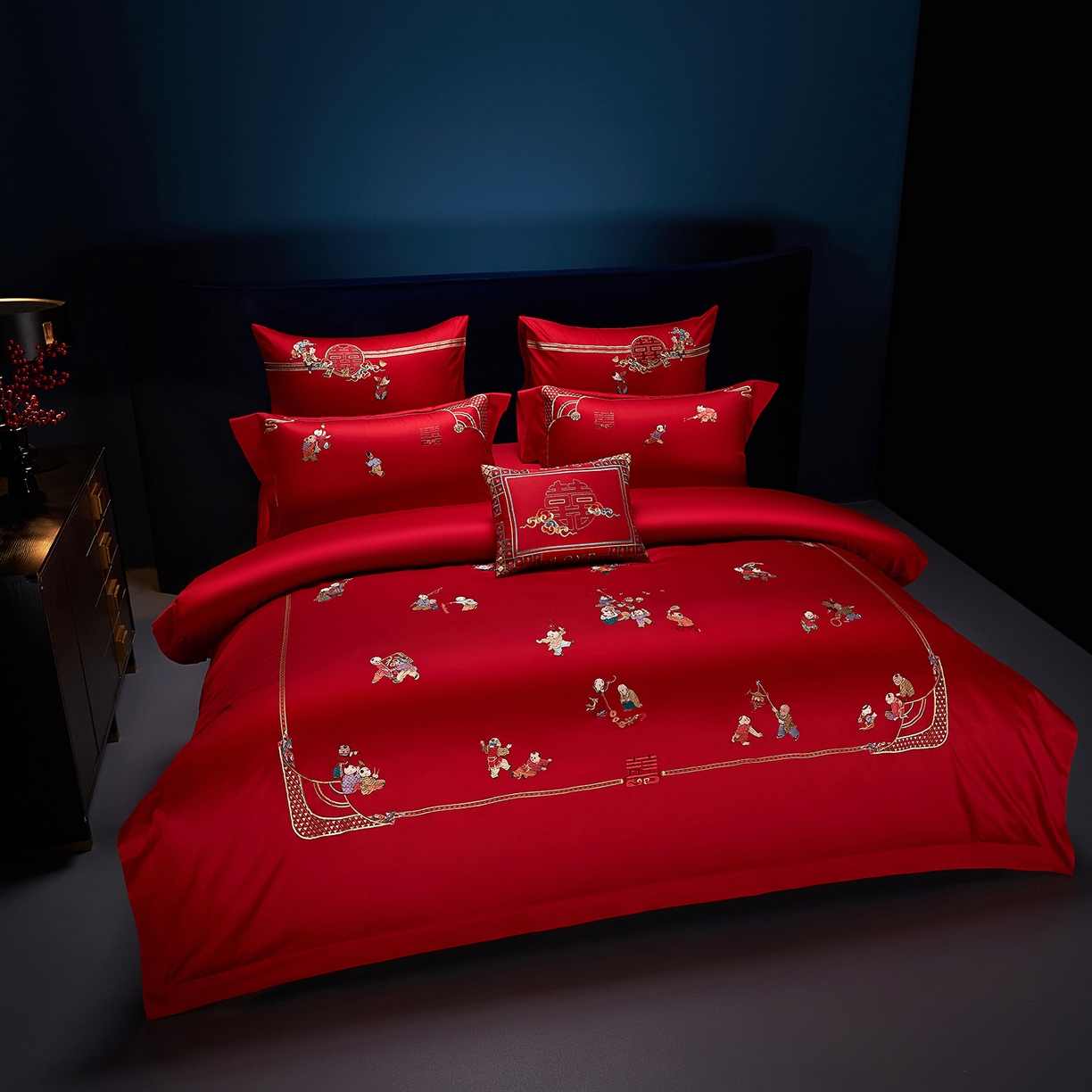 91家纺网 家纺一手货源 找家纺 （总）缔缦 2025新款Wedding高端婚庆60支长绒棉四件套-百子闹喜