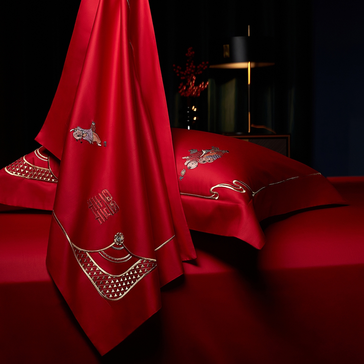 91家纺网 家纺一手货源 找家纺 （总）缔缦 2025新款Wedding高端婚庆60支长绒棉四件套-百子闹喜