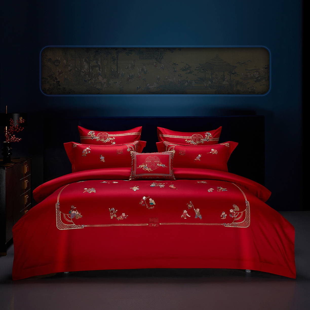 91家纺网 家纺一手货源 找家纺 （总）缔缦 2025新款Wedding高端婚庆60支长绒棉四件套-百子闹喜