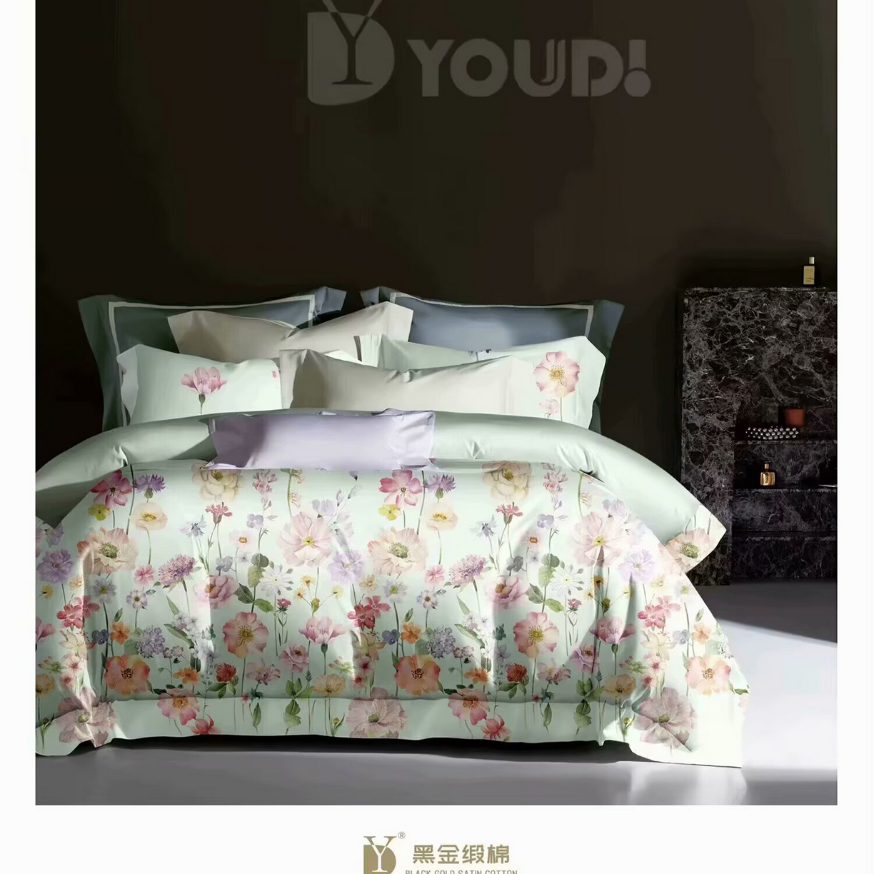 91家纺网 家纺一手货源 找家纺 （总）未来家居 2025新款宽边60S数码印花贡缎长绒棉四件套