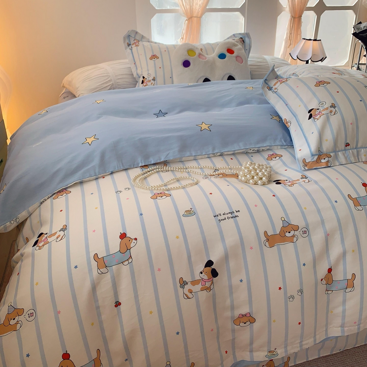 91家纺网 家纺一手货源 找家纺 莱豫家纺 2025春夏新款亲肤舒适小清新印花全棉纯棉四件套-第二批 欢乐狗狗