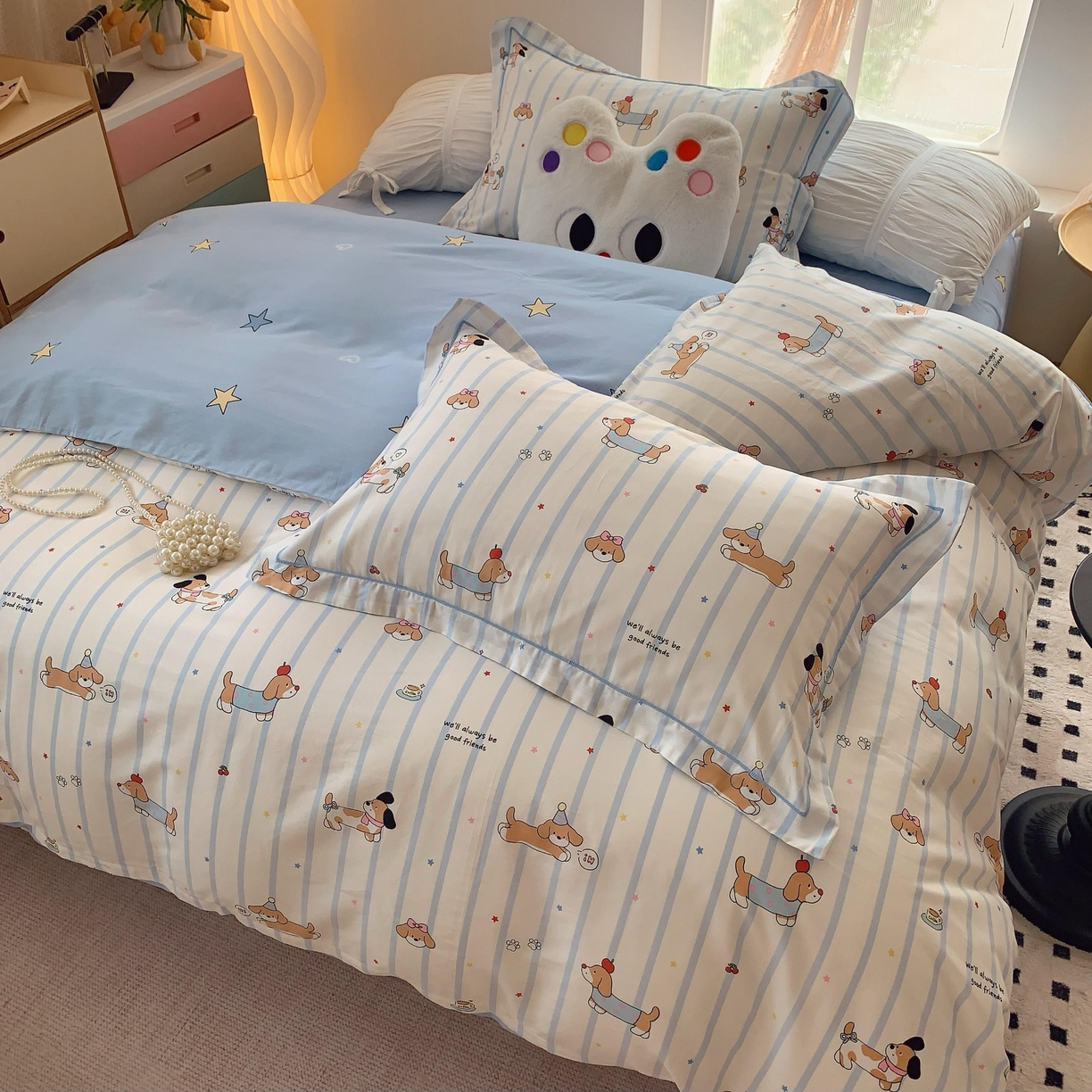 91家纺网 家纺一手货源 找家纺 莱豫家纺 2025春夏新款亲肤舒适小清新印花全棉纯棉四件套-第二批 欢乐狗狗