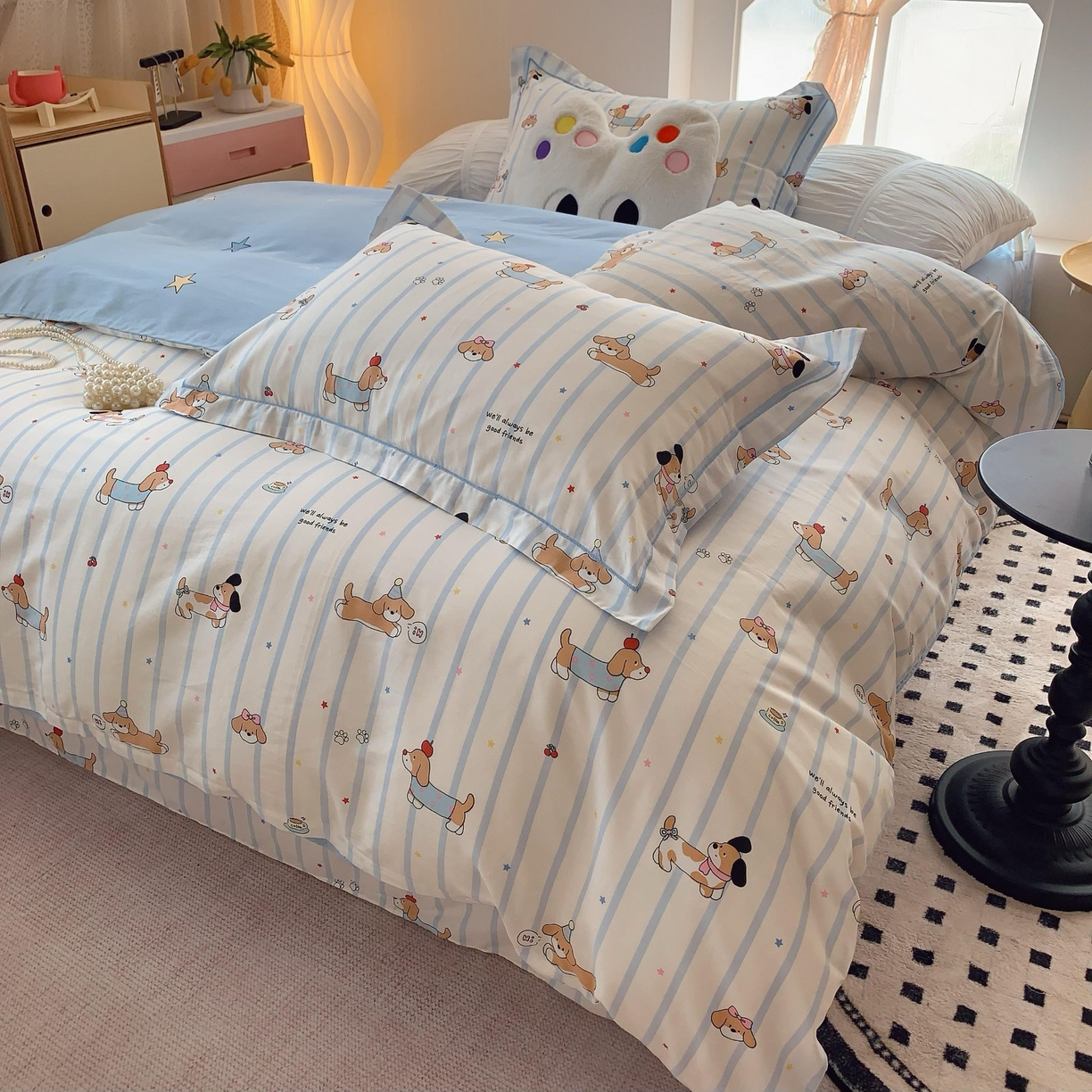 91家纺网 家纺一手货源 找家纺 莱豫家纺 2025春夏新款亲肤舒适小清新印花全棉纯棉四件套-第二批 欢乐狗狗