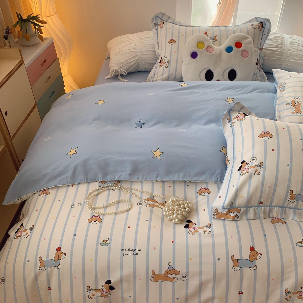 91家纺网 家纺一手货源 找家纺 莱豫家纺 2025春夏新款亲肤舒适小清新印花全棉纯棉四件套-第二批 欢乐狗狗