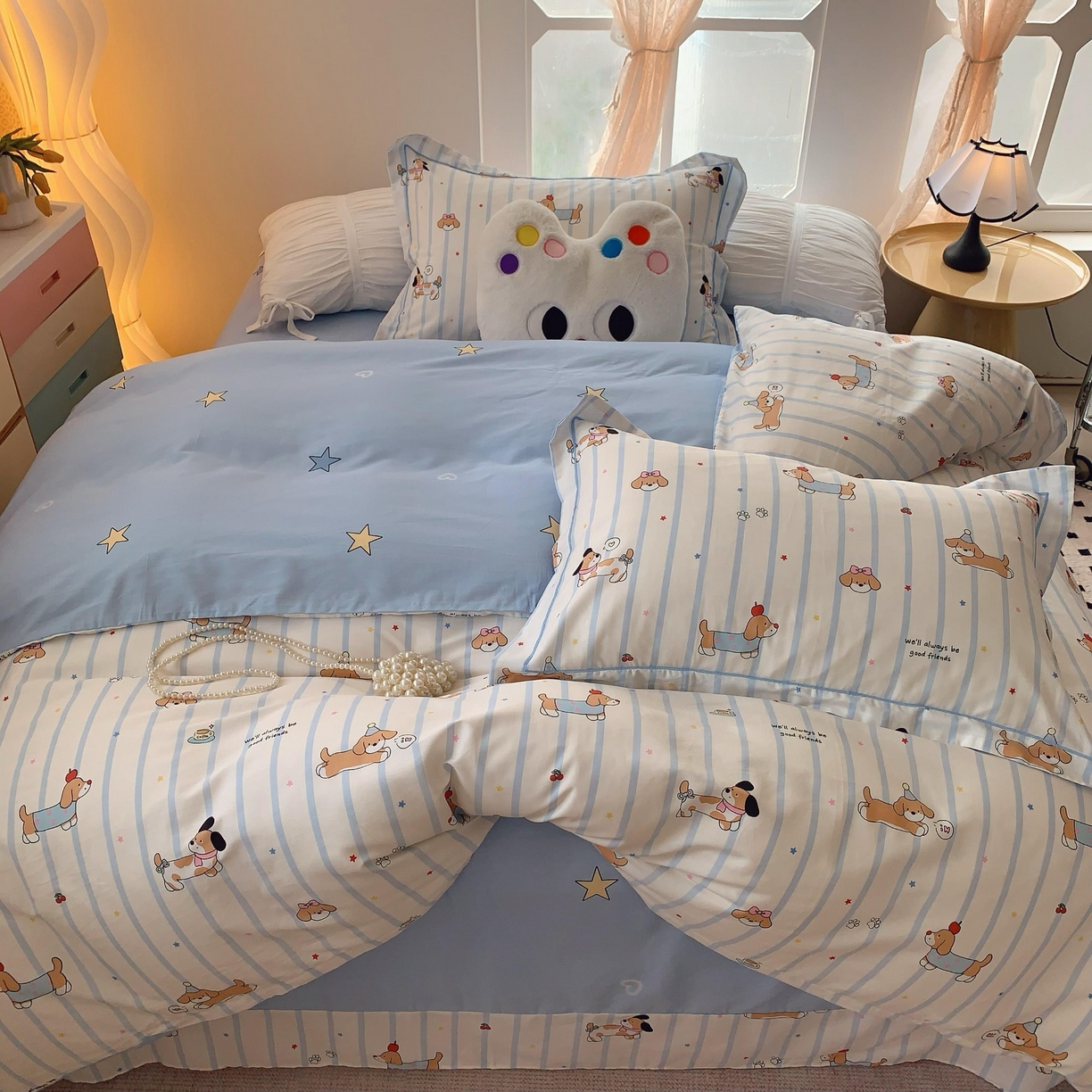 91家纺网 家纺一手货源 找家纺 莱豫家纺 2025春夏新款亲肤舒适小清新印花全棉纯棉四件套-第二批 欢乐狗狗