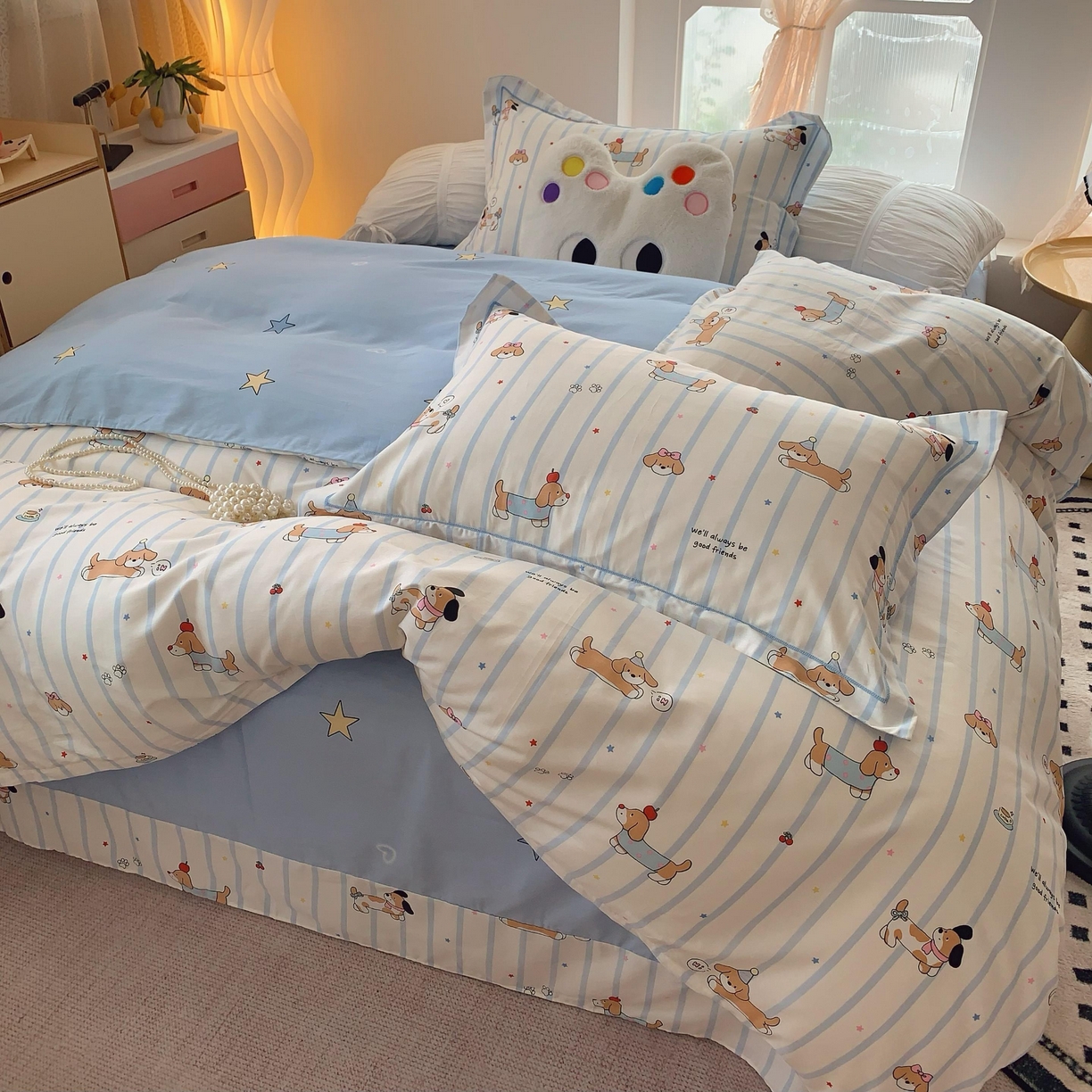 91家纺网 家纺一手货源 找家纺 莱豫家纺 2025春夏新款亲肤舒适小清新印花全棉纯棉四件套-第二批 欢乐狗狗