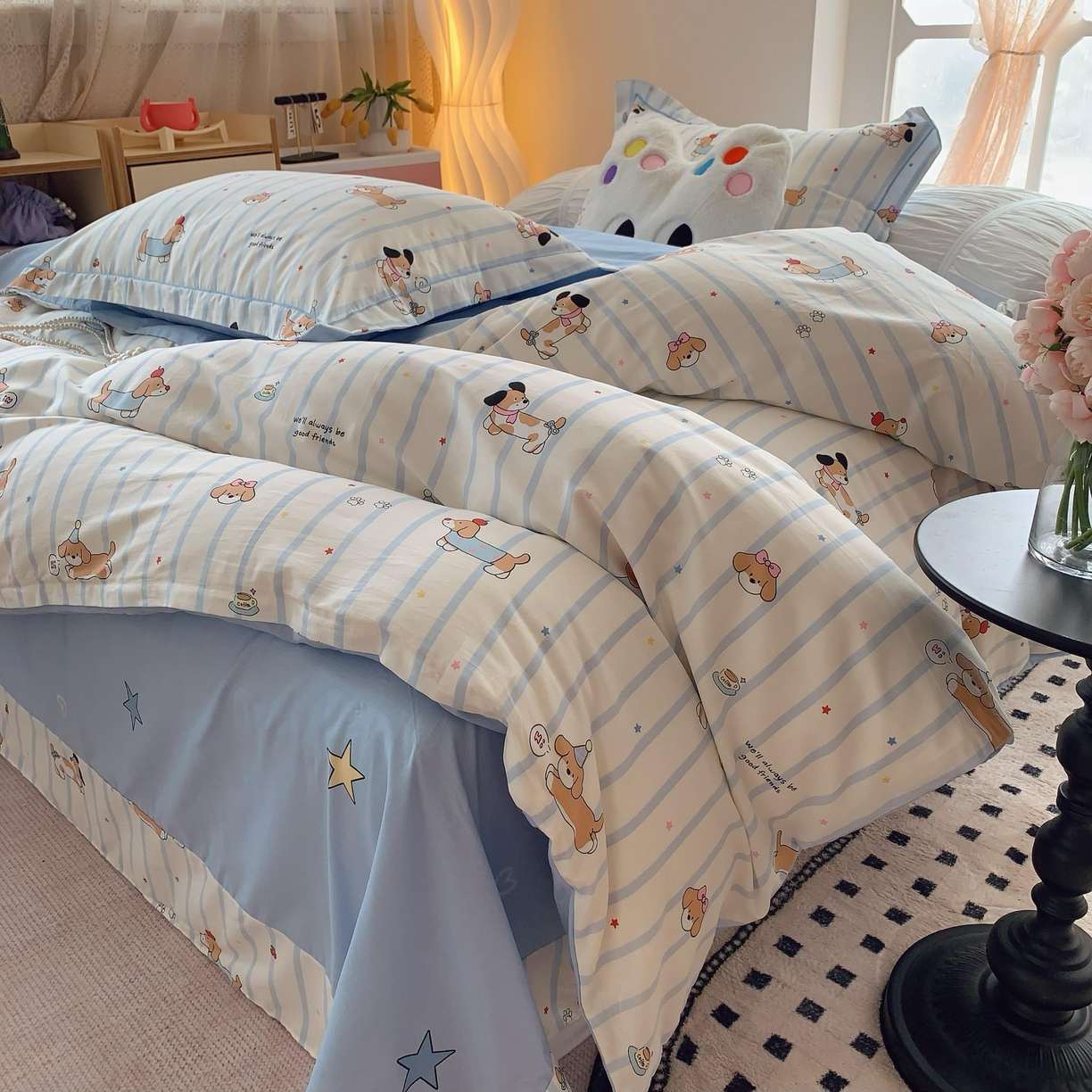 91家纺网 家纺一手货源 找家纺 莱豫家纺 2025春夏新款亲肤舒适小清新印花全棉纯棉四件套-第二批 欢乐狗狗