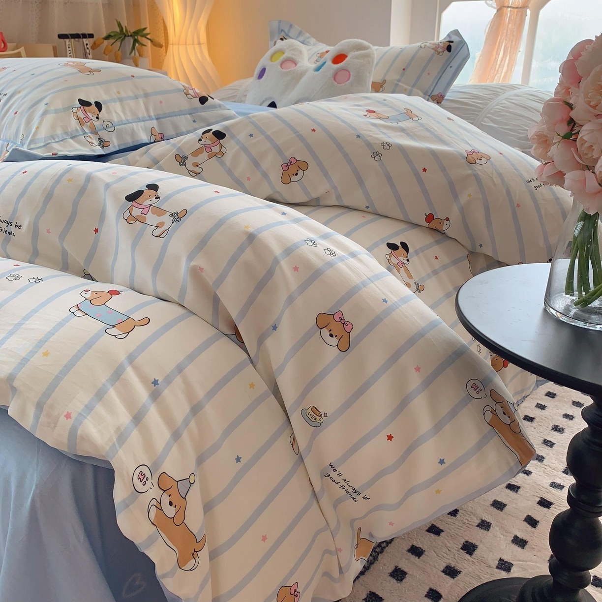 91家纺网 家纺一手货源 找家纺 莱豫家纺 2025春夏新款亲肤舒适小清新印花全棉纯棉四件套-第二批 欢乐狗狗