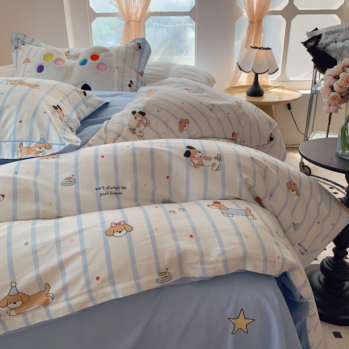 91家纺网 家纺一手货源 找家纺 莱豫家纺 2025春夏新款亲肤舒适小清新印花全棉纯棉四件套-第二批 欢乐狗狗