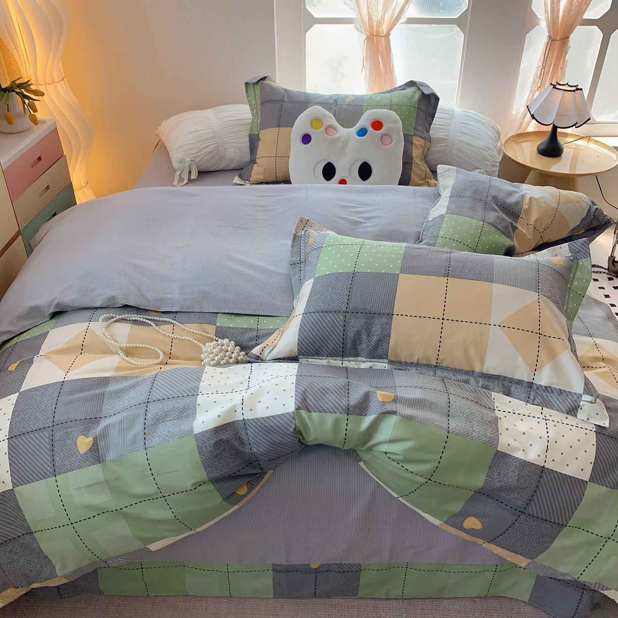 91家纺网 家纺一手货源 找家纺 莱豫家纺 2025春夏新款亲肤舒适小清新印花全棉纯棉四件套-第二批 积木电台 绿