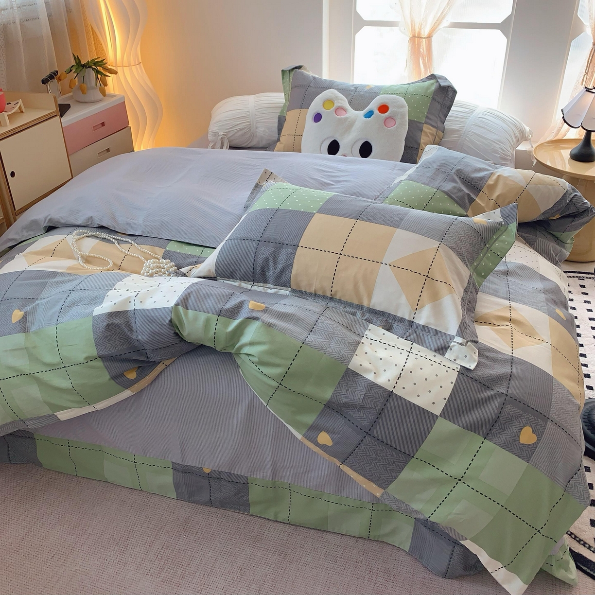 91家纺网 家纺一手货源 找家纺 莱豫家纺 2025春夏新款亲肤舒适小清新印花全棉纯棉四件套-第二批 积木电台 绿