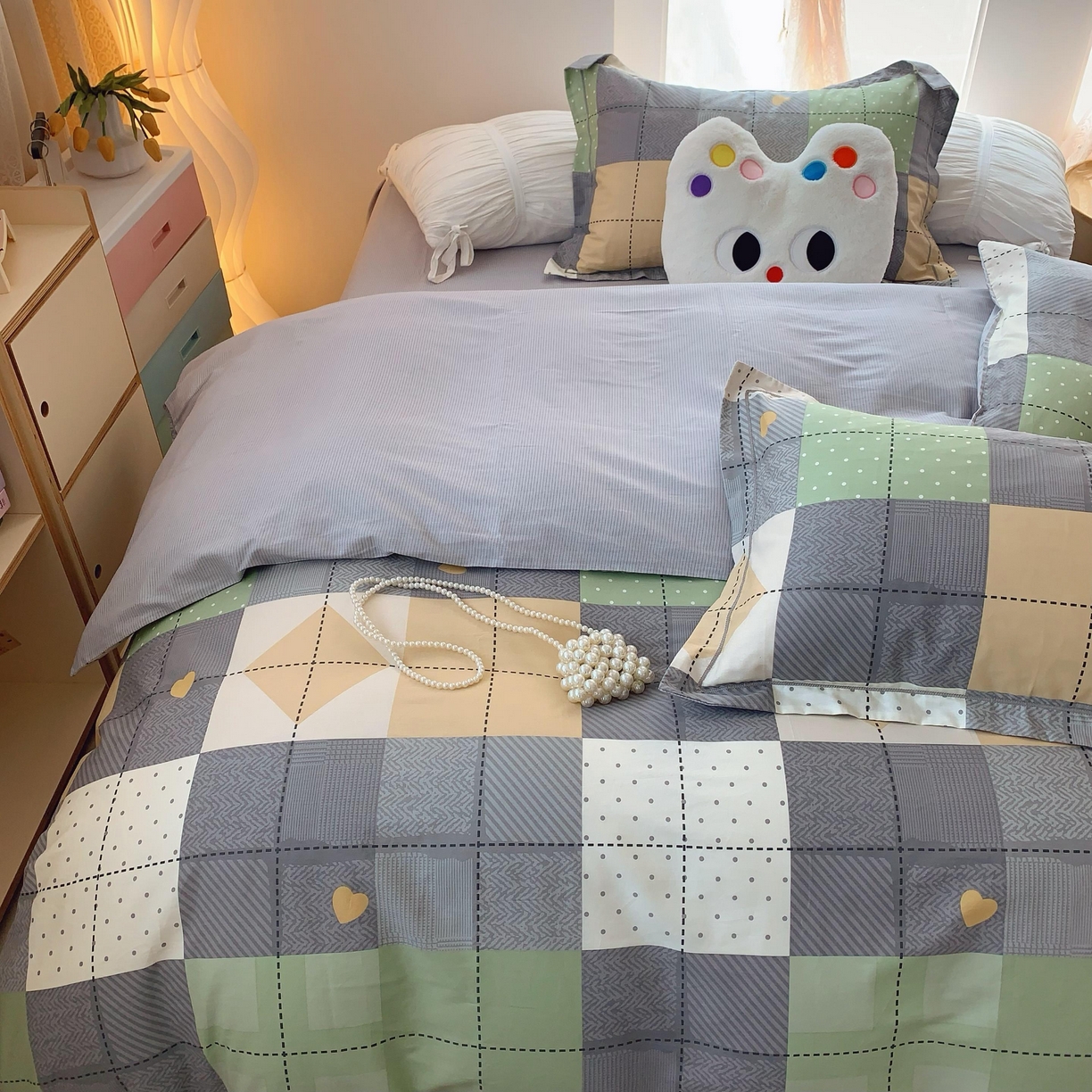 91家纺网 家纺一手货源 找家纺 莱豫家纺 2025春夏新款亲肤舒适小清新印花全棉纯棉四件套-第二批 积木电台 绿